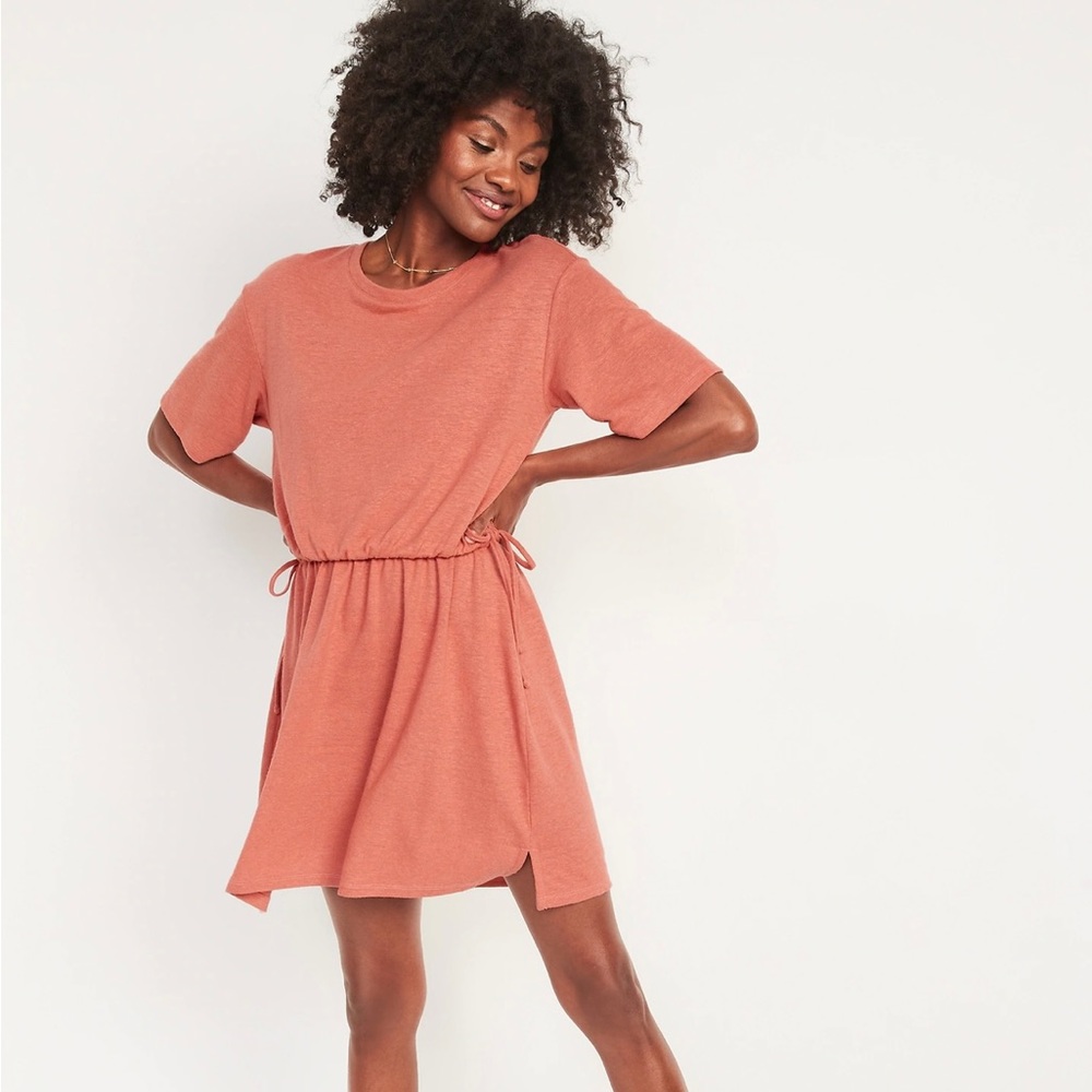 Waist-Defined Short-Sleeve Linen-Blend Mini Dress for Women